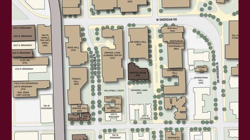 Illustrated map of eastern side of Loyola University Chicago Lake Shore Campus