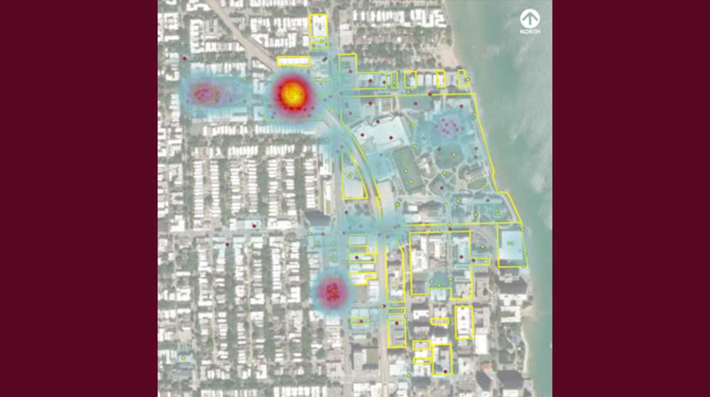 A screenshot of a satellite map heatmap of Rogers Park in Chicago